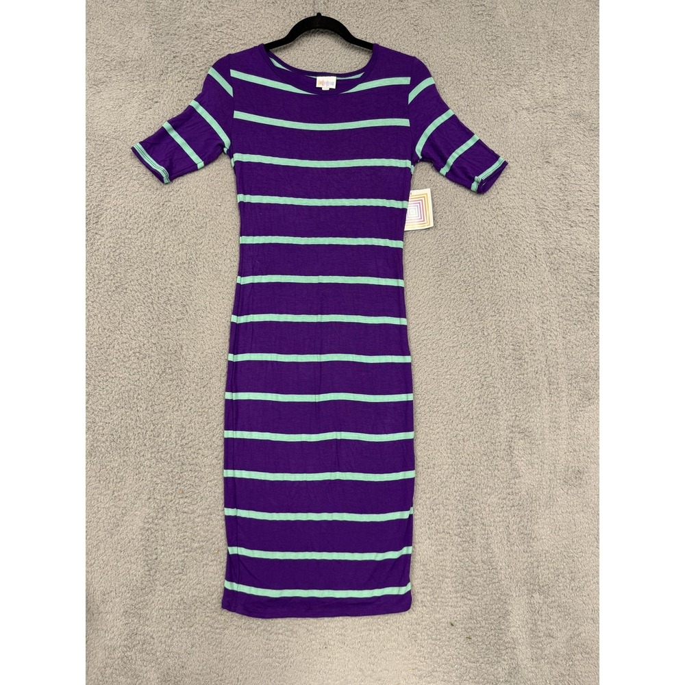 LuLaRoe Julia Dress Womens XXS Purple Green Striped‎ Fitted Midi Stretch New